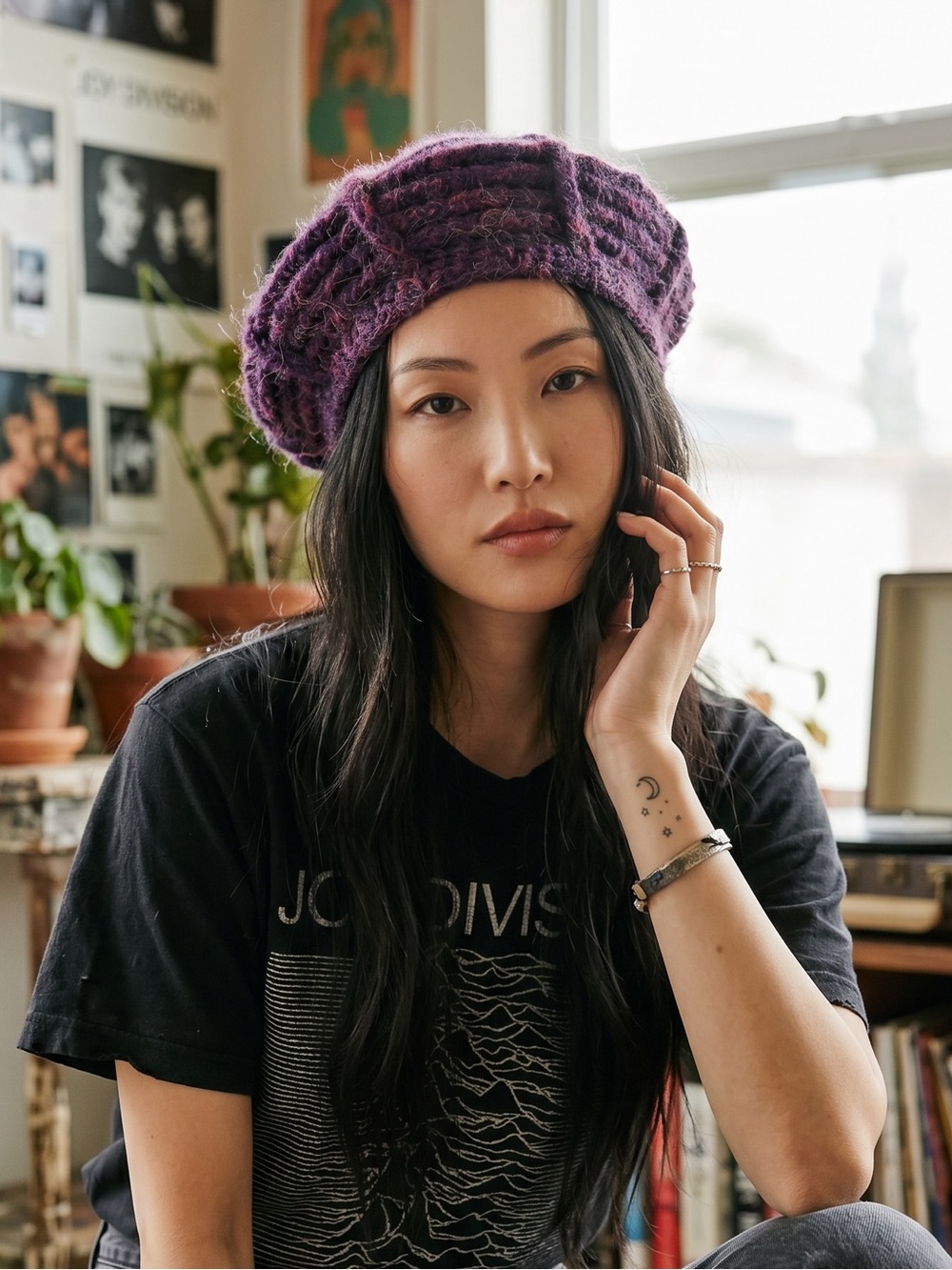 Slouchy MoHair blend Purple Knit Beret